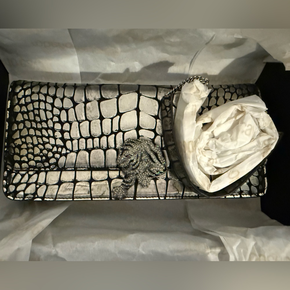 Roberto Cavalli Black and Silver Crocodile Pattern Clutch